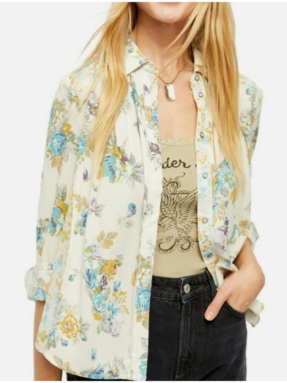Free People Hold On To Me Printed Blouse Floral Ivory Button Down Boho Small NWT